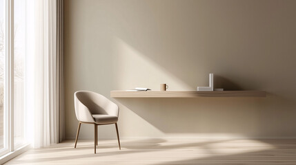 A minimalist home office with a floating desk and a modern chair. The desk holds only a coffee cup and a notebook, with neutral walls and natural light illuminating the space