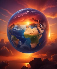 Poster - The Earth, a floating globe, is set against a dramatic sky with a fiery sunset The globe is divided into two halves, with the top half showing the continents and the bottom