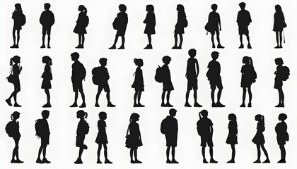 Wall Mural - Diverse schoolchildren silhouettes showcasing unique poses and backpacks in a vibrant outdoor setting