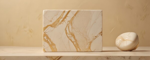 Leinwandbilder - A square marble block with a gold-colored marble pattern rests on a beige marble surface, accompanied by a small white marble sphere