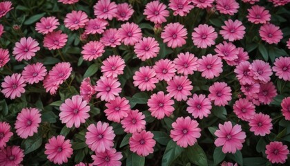 Fototapete - A close-up view field of pink daisy-like flowers with green leaves, arranged in a dense, overlapping pattern