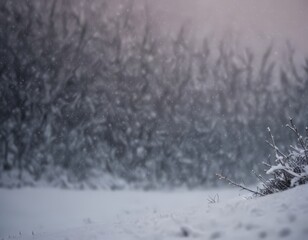 Poster - A snowy winter scene with a forest of snow-covered trees in the background and a partially visible bush in the foreground