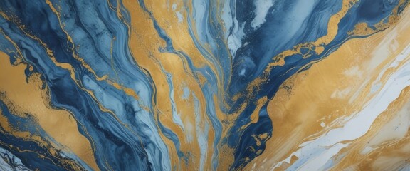 Poster - a close-up view marble-like abstract painting with swirling patterns of blue, gold, and white colors