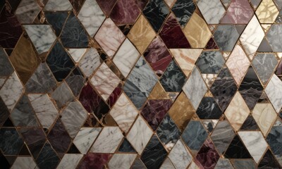Fototapete - a close-up view mosaic tile pattern composed of various shades of gray, white, and maroon, with gold accents