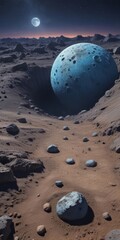 Fototapete - A large, blue sphere with craters dominates the foreground, while a smaller, white sphere with craters is visible in the background, set against a dark sky and a full moon