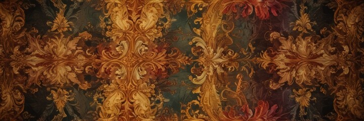 Poster - a symmetrical pattern of ornate floral designs in warm, earthy tones of brown, orange, and red, creating a visually striking and intricate design