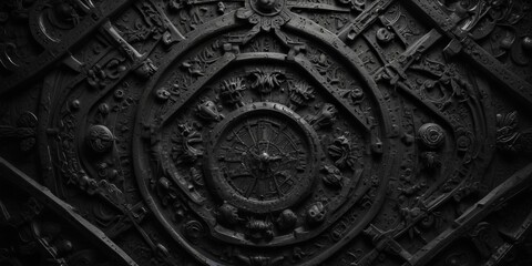 Leinwandbilder - a close-up view dark, intricate metal sculpture with a central circular design and various other elements surrounding it