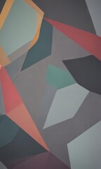 Poster - an abstract composition featuring a variety of geometric shapes in different colors, including shades of green, gray, red, and orange, arranged in a complex