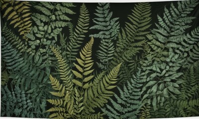 Poster - a close-up view dense, lush forest of ferns with a dark background