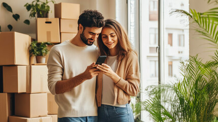 happy mixed race couple standing in new apartment against moving boxes, using smart phone. moving, real estate, new, home, relocation, transportation service, movers, delivery, rental