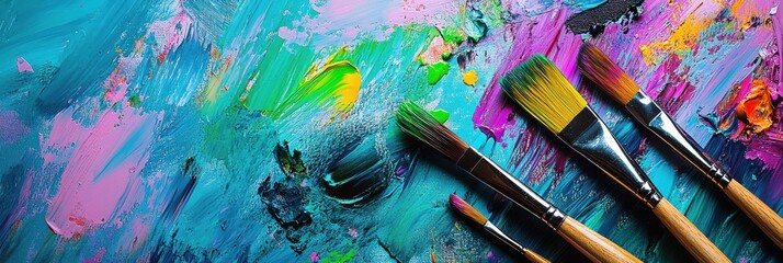 Aufkleber - Bright splashes of color cover a palette with paintbrushes placed next to an abstract canvas showcasing dynamic brushstrokes. Generative AI