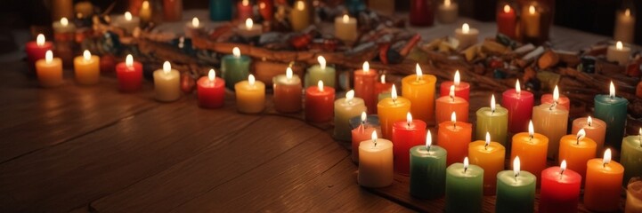Poster - A collection of lit candles in various colors arranged in a curved formation on a wooden surface, with a blurred background suggesting a festive or celebratory atmosphere
