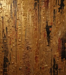 Poster - a close-up view textured, golden-colored surface with various shapes and patterns, including a silhouette person