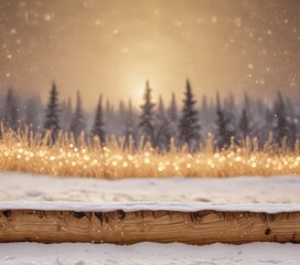 Poster - A snowy landscape with a wooden log in the foreground and a field of golden lights in the background, set against a starry sky
