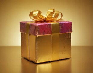 Poster - A gift box wrapped in gold foil and adorned with a gold ribbon bow sits on a golden surface, ready to be presented
