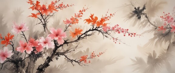 Poster - a branch tree adorned with pink flowers, contrasted against a backdrop of gray and black ink strokes, evoking a sense of depth and texture