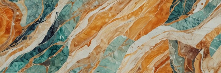 Leinwandbilder - a close-up view marble surface with a vibrant, abstract pattern of overlapping and intersecting lines and swirls in various shades of orange, green, and white