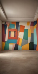 Aufkleber - a room with a large, colorful abstract mural on the wall, featuring a variety of geometric shapes in different colors