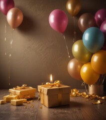 Aufkleber - A birthday celebration scene with a lit candle on a gift box, surrounded by colorful balloons, with a wooden background