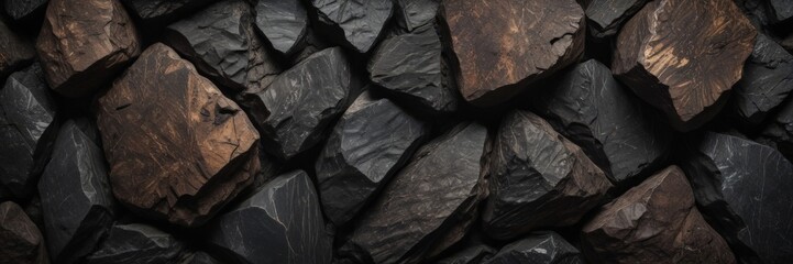 Leinwandbilder - A close-up view pile of dark, irregularly shaped rocks with a rough, textured surface