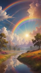 Aufkleber - A breathtaking landscape features a serene river reflecting the vibrant colors rainbow, with a majestic mountain range in the background and a warm, golden sun