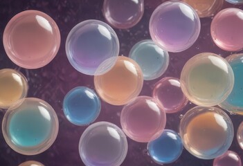 Fototapete - A close-up view collection of colorful, transparent bubbles floating in a dark background