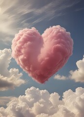Poster - A heart-shaped cloud floats in the sky, its pink hue contrasting with the blue backdrop and white clouds below