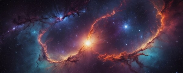 Poster - a vibrant cosmic scene, featuring a swirling nebula with a bright central core surrounded by a multitude of stars and cosmic dust The nebula exhibits a mix of blue, orange,