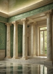 Aufkleber - a grand interior space with a series of marble columns and a marble floor, set against a green marble wall The columns are arranged in a symmetrical pattern, with the top
