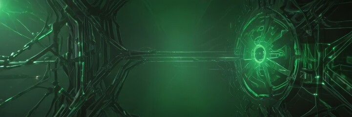 Fototapete - a futuristic, green-tinted environment with intricate, interconnected structures and glowing energy fields