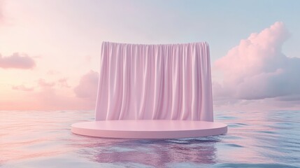 Poster - Chic 3D render of a floating podium on water with waving curtains. Ideal for product displays, featuring a realistic pastel background and minimal modern design