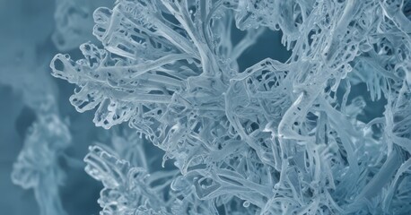 Leinwandbilder - a close-up view delicate, intricate ice crystal structure, with its intricate patterns and textures clearly visible against a blurred, blue-toned background