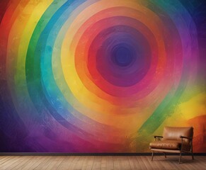 Poster - a vibrant, abstract wall mural in a rainbow of colors, with concentric circles and a central circle, set against a wooden floor and a brown leather armchair