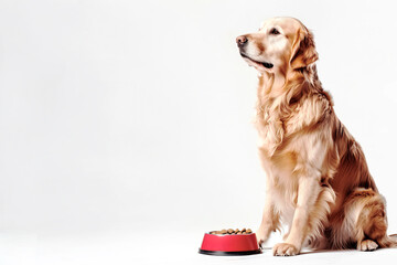 Golden retriever dog near plate with dry food on white background, copy space.