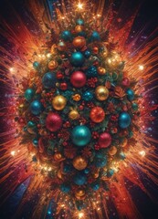 Aufkleber - A digital illustration Christmas tree adorned with colorful ornaments, surrounded by a burst of light and a starburst effect