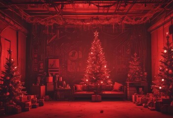 Poster - A Christmas scene with a large, brightly lit Christmas tree in the center, surrounded by smaller trees and wrapped gifts, set against a dark red background with pipes and