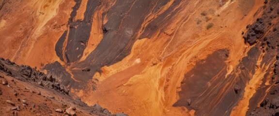 Aufkleber - a close-up view rocky cliff face with a striking pattern of orange and brown hues, suggesting the presence of minerals or geological formations