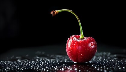 Fresh red cherry adorned with glistening water droplets on a dark background