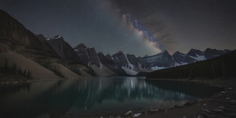 Poster - A breathtaking night scene serene lake, surrounded by majestic snow-capped mountains, with the Milky Way galaxy visible in the sky above