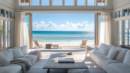 Wall Mural - Modern living room with large windows overlooking a sandy beach and ocean with white couches and coffee table.