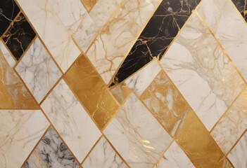 Aufkleber - a close-up view diamond-shaped pattern composed of white and gold marble tiles arranged in a diagonal grid
