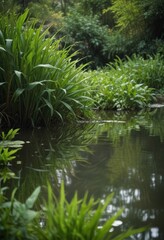 Poster - A tranquil pond surrounded by lush greenery, with the reflection of the plants and trees visible on the calm water surface
