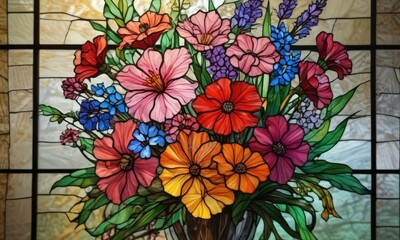 Leinwandbilder - A vibrant stained glass window showcases a bouquet of flowers in various colors, including red, pink, blue, and yellow, set against a backdrop beige wall