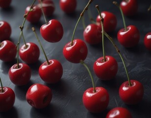 Aufkleber - A close-up view collection of ripe, red cherries arranged on a dark surface, with some of the cherries appearing to float or levitate