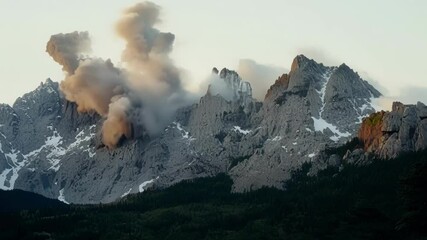 Poster - Smoke is billowing into the sky above a mountain range, creating an ominous scene of destruction and the aftermath of a disaster