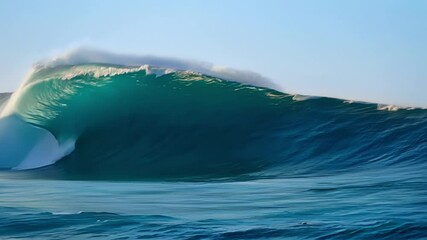 Poster - Giant ocean wave is breaking on a tropical reef, creating a beautiful and powerful scene. The wave is lit by the morning sun, and the water is a deep blue color
