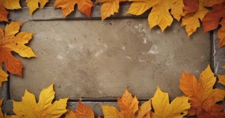 Leinwandbilder - A rectangular frame composed of vibrant orange and yellow maple leaves surrounds a gray concrete surface, creating a visually striking autumnal composition