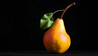 Wall Mural - Vibrant yellow-orange pear with pink blush and green leaf, elegantly isolated against a rich black backdrop