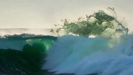Poster - Large wave is breaking on a rocky coastline, creating a dramatic scene of the power of the ocean. The sun is shining through the wave, creating a beautiful and ethereal effect