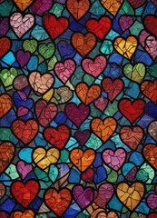 Aufkleber - A vibrant mosaic of multicolored stained glass hearts, each with unique patterns and hues, creates a visually captivating and harmonious composition